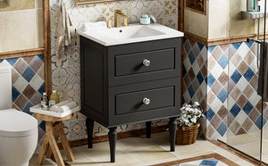 English Elm 24'' French-Style Bathroom Vanity with Ceramic Sink, Black Long Legs, 2 Drawers, Moisture-Resistant Elegance N710P195621B