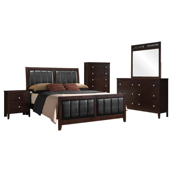 English Elm Pocatello 5-Piece California King Bedroom Set: Modern Cappuccino Wood & Black Faux Leather Elegance B062S00922-GIGA