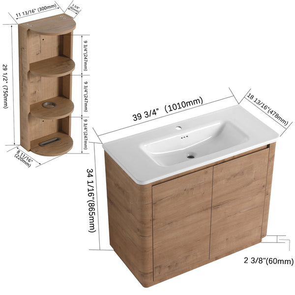 English Elm 40'' Freestanding Bathroom Vanity With Glossy Ceramic Sink, Soft-Close Doors & Ample Storage Rack W999S00405