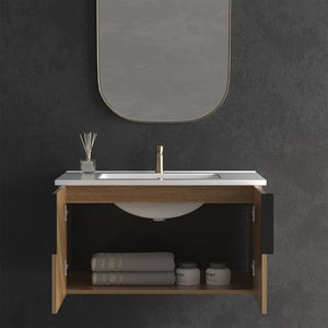 English Elm 30 Inch Floating Bathroom Vanity Fluted Wood Grain Front with Ceramic Integrated Sink W3520S00047
