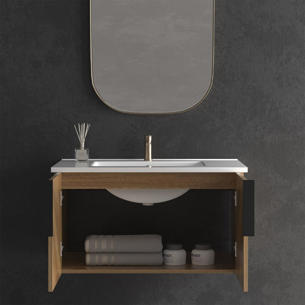 English Elm 30 Inch Floating Bathroom Vanity Fluted Wood Grain Front with Ceramic Integrated Sink W3520S00047