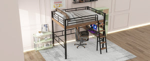 English Elm Metal Full Size Loft Bed with LED Light, Built-In Full-Length Desk, Storage Shelf & Ladder — Space-Saving Industrial Black, Sturdy Metal Frame for Study & Sleep GX001120AAB