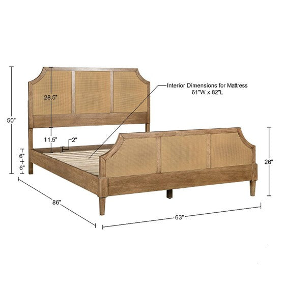 English Elm Woven Cane Queen Platform Bedframe with Toasted Almond Wood, 500 lb Capacity, 6" Clearance, 14 Slats B035S00061