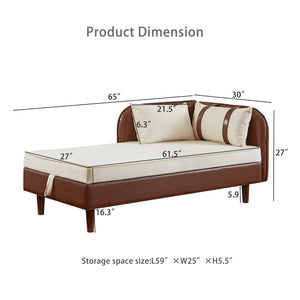 English Elm 65" Velvet Storage Chaise Lounge with Pu Leather Panels Eucalyptus Frame Accent Seat Brown+Beige W1097P434115