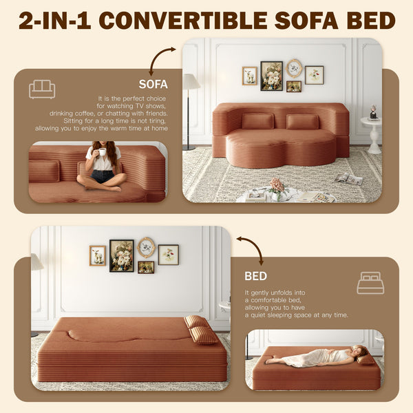 English Elm Modern Full Size Folding Sofa Bed Plush Corduroy Convertible Sleeper with 2 Pillows Foam-Filled 15" Mattress Orange W1885P369589