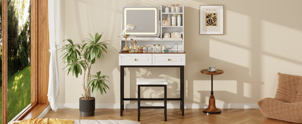 English Elm Makeup Vanity Set with Rotating Led Mirror Amber Glass Top Drawers and Charging Station N704P385441K