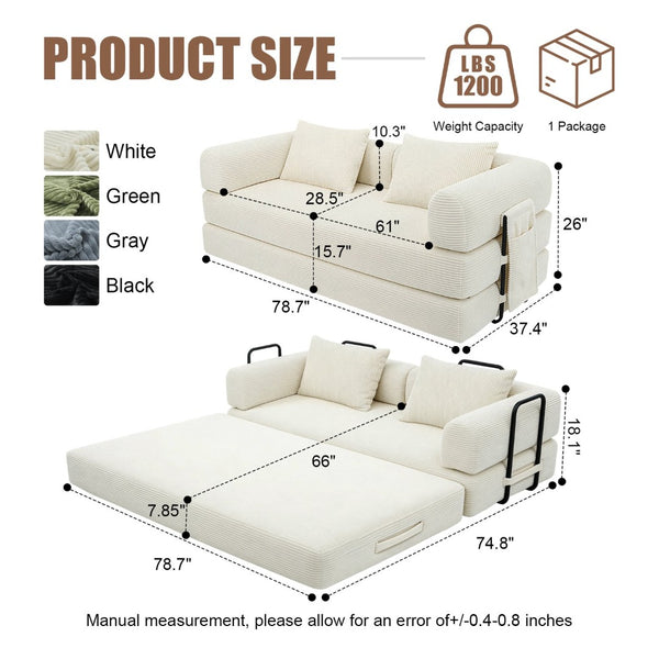 English Elm 78 Inch Corduroy Convertible Sofa Sleeper Futon with Foldable Armrests for Studio Rooms Beige W5385P455031