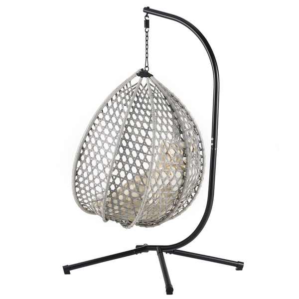 English Elm U_STYLE Sturdy Hammock Chair with HDPE Rattan Weave, Rust-Resistant Chain, Soft Removable Cushion Gray+Beige N711P255131K