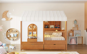 English Elm Full Size Kids House Bed with Led Bookshelf Storage Drawers and Charging Station Walnut LP000378AAL