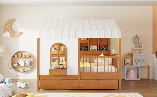 English Elm Full Size Kids House Bed with Led Bookshelf Storage Drawers and Charging Station Walnut LP000378AAL