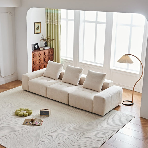 English Elm Luxury Piano Key Chenille Velvet Sofa Solid Wood Frame Three Seat Modern Living Room Beige W1765S00133