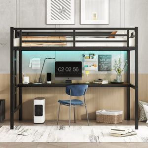 English Elm Metal Twin XL Loft Bed with Desk, LED Smart Light & Front Power Outlet, Space-Saving Black Design W1580P251090