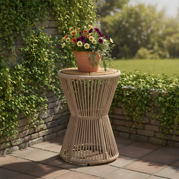 English Elm Outdoor Acacia Wood Top Side Table Woven Rope Iron Frame Hourglass Patio Accent Beige,Light Teak N770P354691L