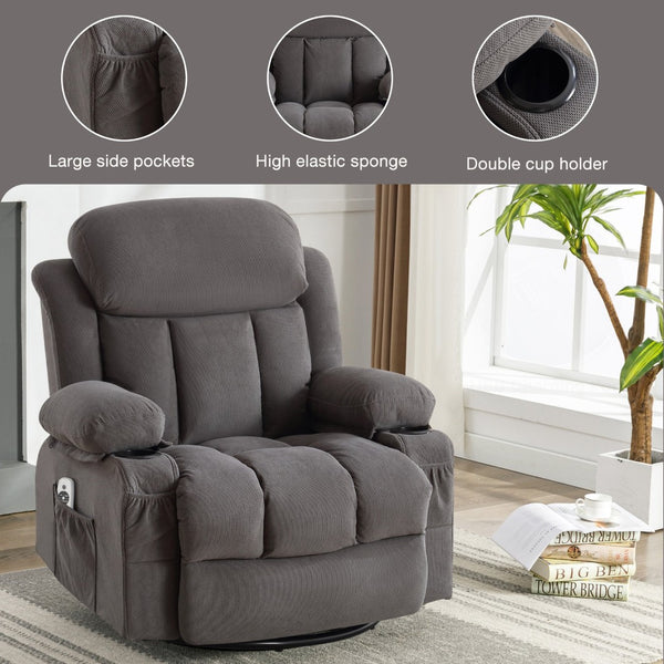 English Elm Swinging Velvet Recliner Chair with Massage Heat Usb Port and 360 Swivel Lounge Seat Grey W1807P298206