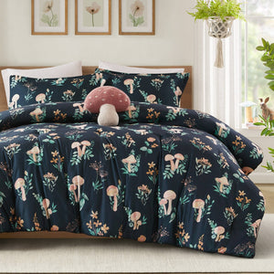 English Elm 4-piece Whimsical Mushroom Floral Microfiber Comforter Set with Shaped Accent Pillow Navy Multi B035P482879