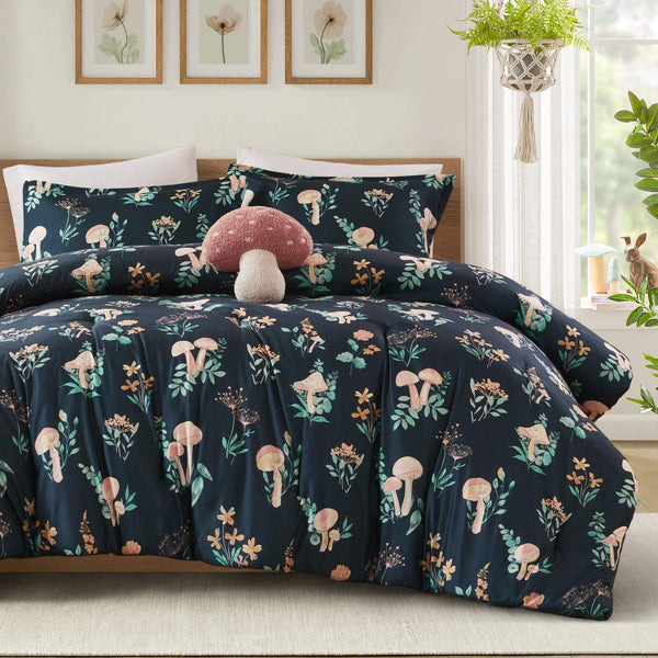 English Elm 4-piece Whimsical Mushroom Floral Microfiber Comforter Set with Shaped Accent Pillow Navy Multi B035P482879