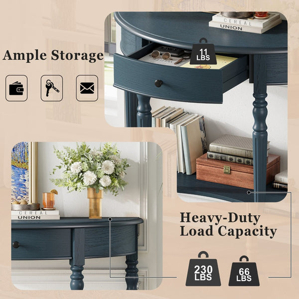 English Elm Trexm Farmhouse Half Moon Entryway Console with Drawer Open Shelf Pine Legs Navy N715P383795M