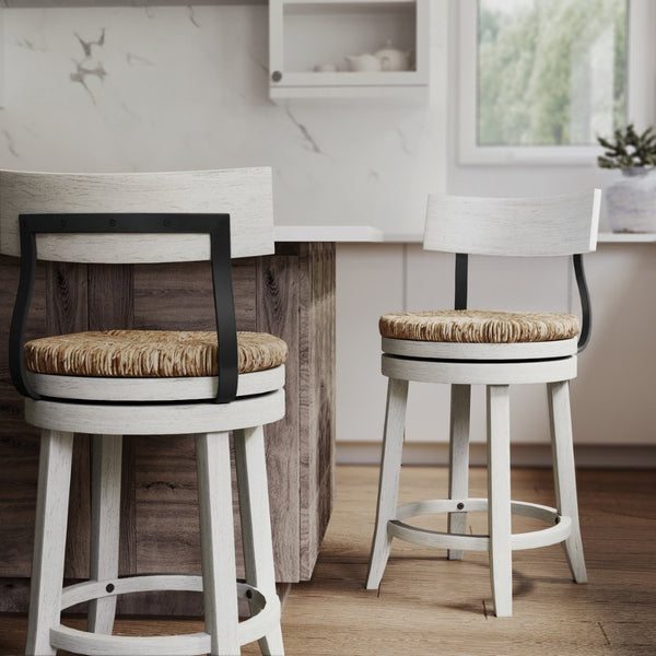 English Elm 26" Reclaimed Wood Swivel Counter Stool with Seagrass Seat for Kitchen Island White B2751P436446