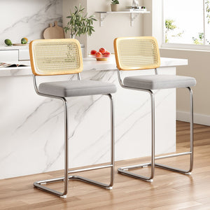 English Elm Counter Height Bar Stools Set Of 2 - Luxurious Gray Velvet & Rattan Back Armless Chairs For Style T3623P360715