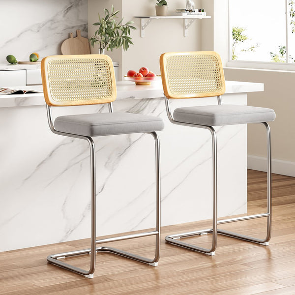 English Elm Counter Height Bar Stools Set Of 2 - Luxurious Gray Velvet & Rattan Back Armless Chairs For Style T3623P360715