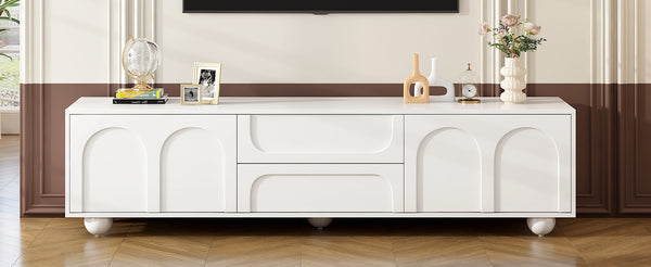 English Elm ON-TREND Cream TV Stand 69.6” with Arched Doors, 2 Drawers, Rebound Soft-Close & Stylish Round Legs White N721P205779K