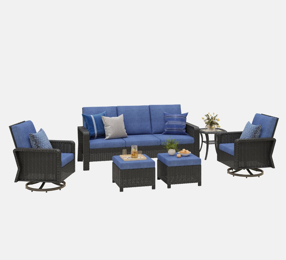 English Elm Tl Seven Piece Outdoor Pe Rattan Patio Set with Swivel Chairs Footstools and Side Table T5925S00010
