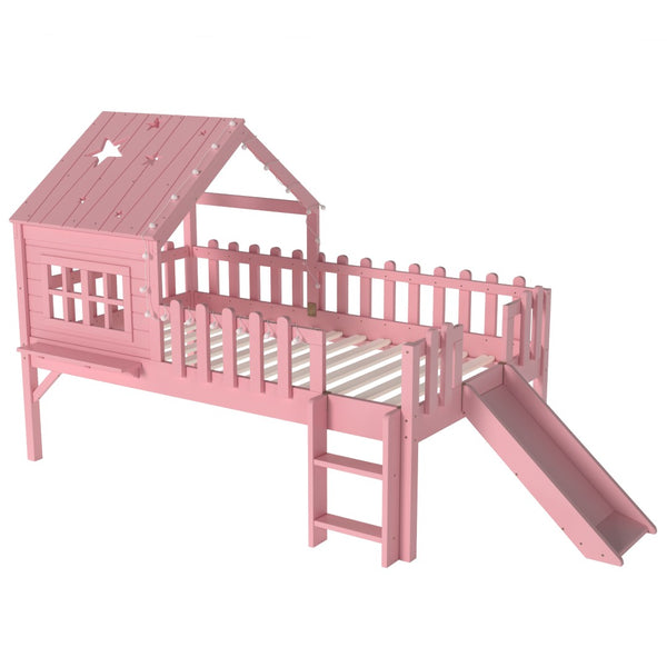 English Elm Twin Playhouse Loft Bed Solid Pine Frame with Slide Led Lights and Star Roof Pink W5316S00003