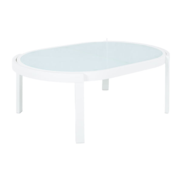 English Elm Modern Oval Outdoor Coffee Table Tempered Glass Top White Aluminum Patio Lounge N767P389536A