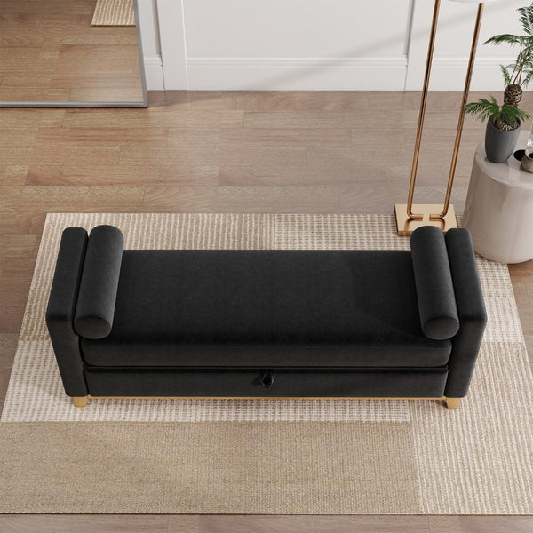 English Elm 66 Inch Sherpa Upholstered Storage Bench with Fluted Wood Base and Bolster Pillows Black+Neutral W1658P446125