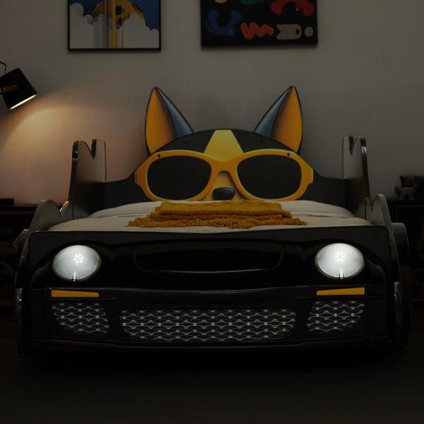 English Elm Cool Cartoon Car Bed with LED Headlights, Black & Yellow Racing Dog Design, Safe Rounded Rails, Sturdy MDF Frame for Kids W2237S00018