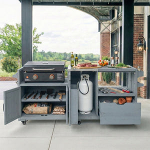 English Elm K&k 80.5 Inch Outdoor Kitchen Island Solid Fir Wood Stainless Steel Grill Cart Station Grey+Blue N707P392140G