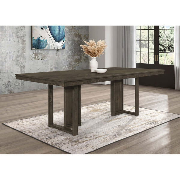 English Elm Glenmoor Dark Grey Rectangular Dining Table with Geometric Double Pedestal Base Rustic Edge Top B062P358240