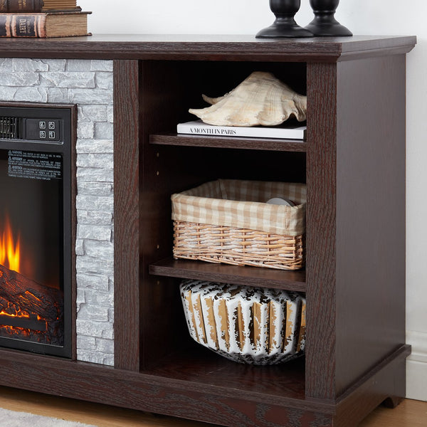 English Elm Large TV Desk Storage Rack with Faux Stacked Stone Mantel, 75" TV Console with Electric Fireplace, Ample Cabinets and Cable Management Cherry W1758S00013