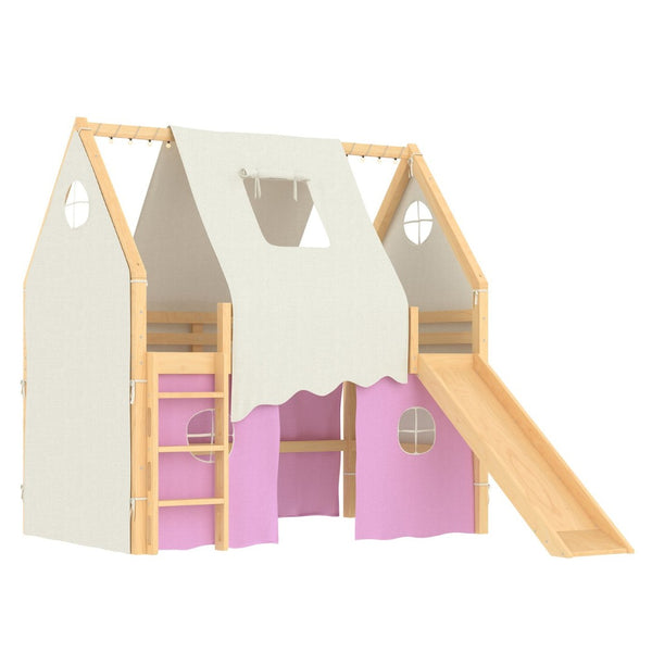 English Elm Full Size Pine Loft Bed with Slide Tent Panels Led Lights and Play Space Below W1580S00291