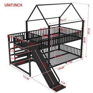 English Elm Full Metal House Bunk Bed with Slide Storage Stairs and Safety Rails for Kids W1580S00345