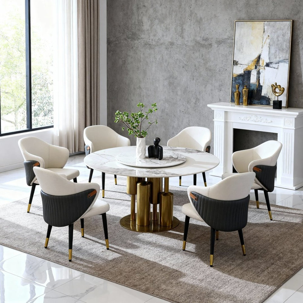 English Elm 59" Round Sintered Stone Dining Table with Lazy Susan Seats 6 Modern Faux Marble W2699S00095