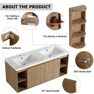 English Elm 48" Wall-Mounted Bathroom Vanity With Double Sink, Storage Rack & Soft Close Doors For Modern Spaces W999S00347