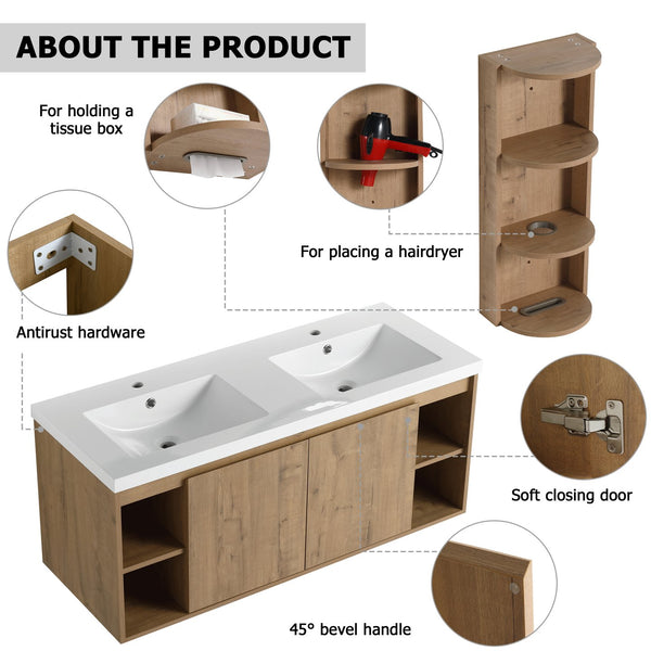 English Elm 48" Wall-Mounted Bathroom Vanity With Double Sink, Storage Rack & Soft Close Doors For Modern Spaces W999S00347
