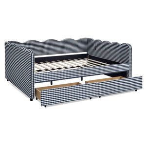 English Elm Queen Gingham Linen Daybed with Wave Backrest Two Storage Drawers and Usb Port Navy Blue W1413S00152