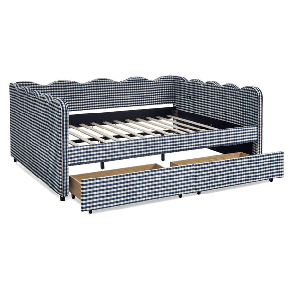 English Elm Queen Gingham Linen Daybed with Wave Backrest Two Storage Drawers and Usb Port Navy Blue W1413S00152
