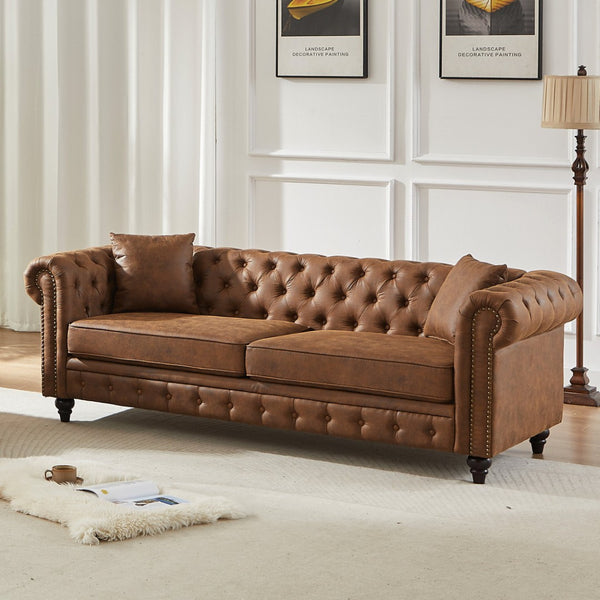 English Elm Fx Chesterfield Sofa Hand Tufted Tech Fabric Three Seat Living Room Couch Brown W1926S00107