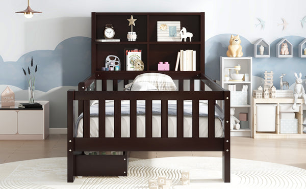 English Elm Twin Chalkboard Platform Bed with Drawers & Shelves, Solid Wood Kids Bed with Storage and Creative Headboard Espresso W1580P362705