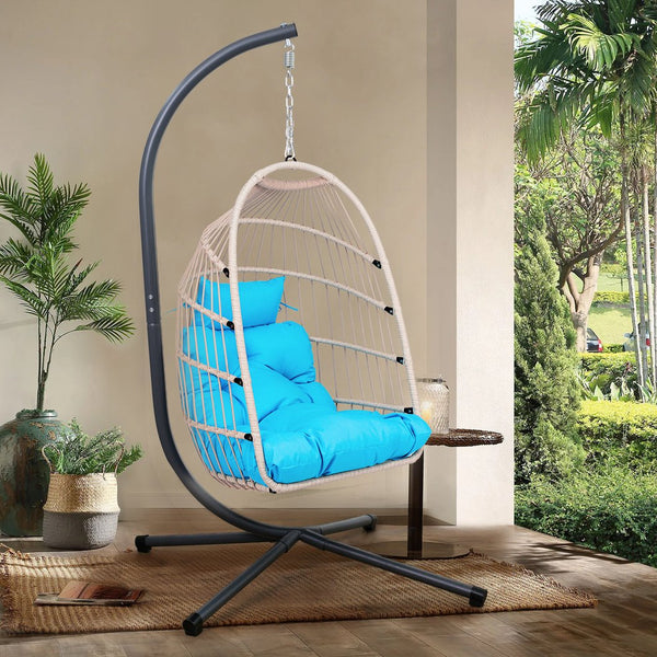 English Elm Foldable Hanging Egg Chair with Stand Pillow, HDPE Wicker, Rust‑Resistant Frame, Cushioned Headrest, 350lb Capacity Blue W2500P369700