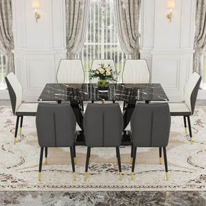 English Elm Black Marble Pattern Tempered Glass Dining Set - 71"X35.4" With 8 White and Dark Gray Spliced Pu Chairs With A Widened Backrest Design.