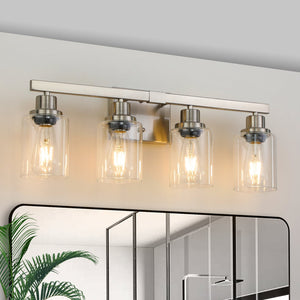 English Elm 24" Modern 4-Light Vanity Wall Sconce with Clear Glass Shades, Iron Frame, Hardwired Bath Lighting Fixture Brushed Nickel W1340P206668