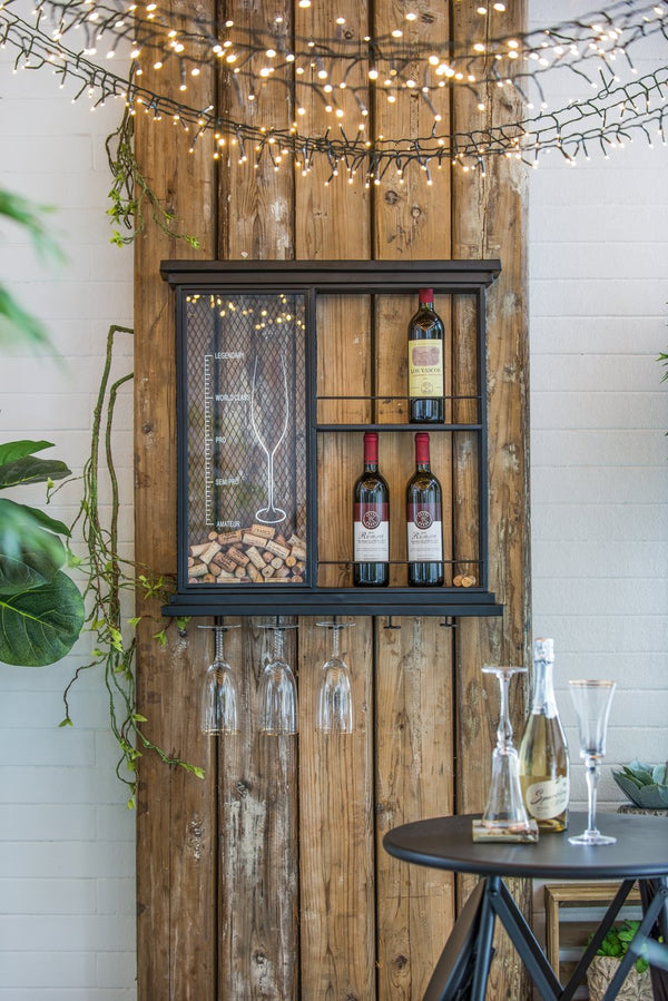 English Elm 26x5.1x28.3" Black Floating Wine Bar Shelf with Two-Tier Bottle Storage, Glass Holders & Cork Bin — Sleek Wall-Mounted Display Organizers W2078P223144