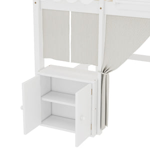 English Elm Twin Loft Bed Cottage-Style Playhouse with Built-In Bookshelf, Curtain & Storage, Safe Guardrails White W1580S00355