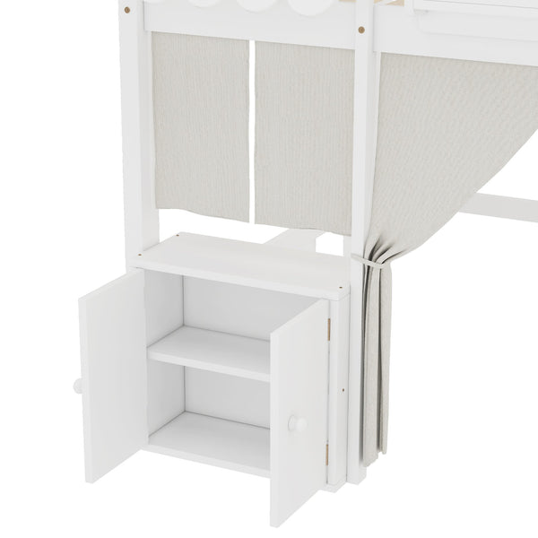 English Elm Twin Loft Bed Cottage-Style Playhouse with Built-In Bookshelf, Curtain & Storage, Safe Guardrails White W1580S00355
