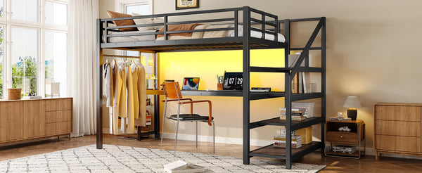 English Elm Twin Xl Metal Loft Bed with Stair Storage Shelves Sturdy Steel Frame for Dorms W1580S00481