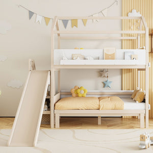 English Elm House-shaped Pine Bunk Bed with Built-in Slide Storage Staircase Twin Over Full Kids Frame Beige+White N820S00082A